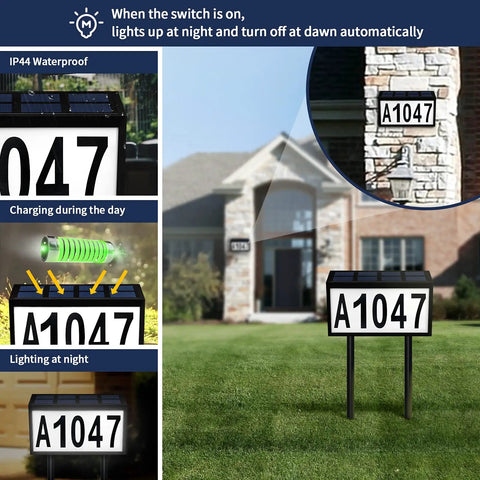 Lighted House Numbers For Outside Solar Powered LED Address Sign for home and yard, mounted and inserted with stakes, IP44 waterproof.