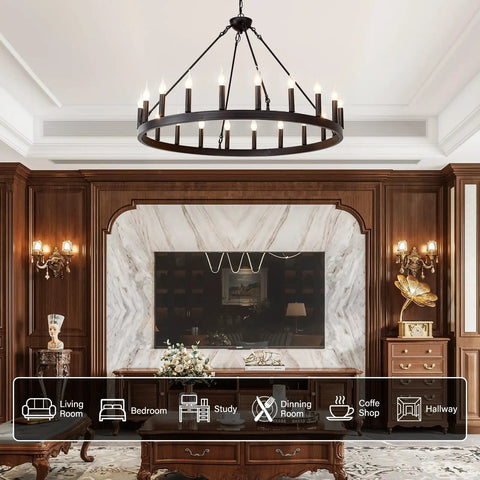 Black Wagon Wheel Chandelier 40 Inch With 20 Lights installed in elegant living room setting.