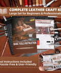 Image of All In One Leatherworking Tool Kit With Cutting Mats Apron Stamping Engraving Punching Sewing And Sanding Tools For Leather Making And Repair, including tools and instruction booklet.