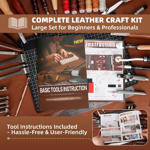 Image of All In One Leatherworking Tool Kit With Cutting Mats Apron Stamping Engraving Punching Sewing And Sanding Tools For Leather Making And Repair, including tools and instruction booklet.