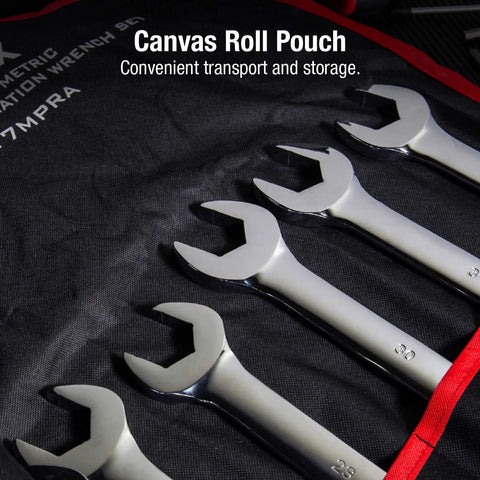 Metric V-Groove Combination Wrench Set 8mm To 32mm, Fully Polished 25-Piece with roll case and canvas protective holder