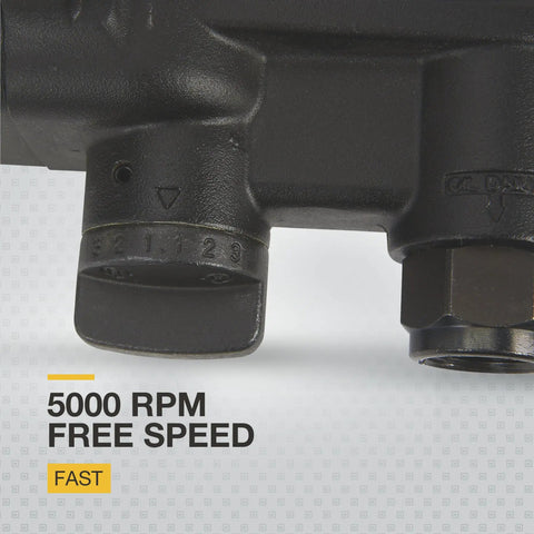 Close-up of Heavy-Duty Air Impact Wrench With 8 Inch Anvil And D-Handle, 1 Inch Drive showcasing 5000 RPM Free Speed measurement