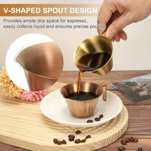 2 Pack Stainless Steel Espresso Measuring Cups With Handle, V Shaped Mouth, Spout, And Scale, 3.4 Oz 100 Ml, Gold Finish