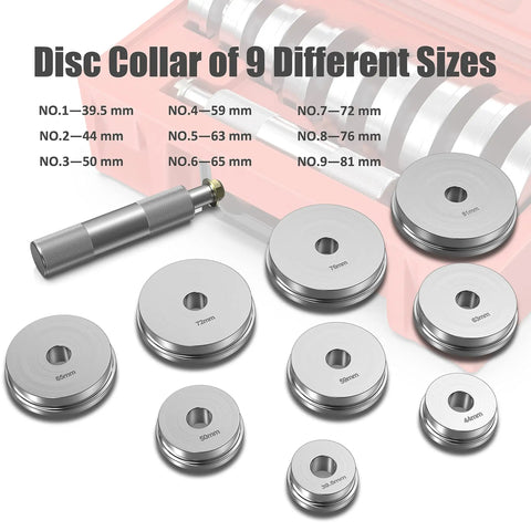 Bearing Race And Seal Bush Driver Set With Carrying Case Universal Kit for Automotive Wheel Bearings, 10 Piece Includes 1 Driver and 9 Collar Discs shown in various sizes.