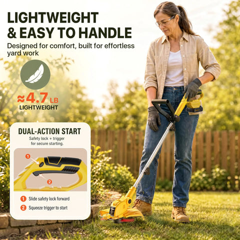 Woman using 21V Cordless Weed Wacker 12 Inch Trimmer With Auto Line Feed Battery Powered Weed Eater in garden setting