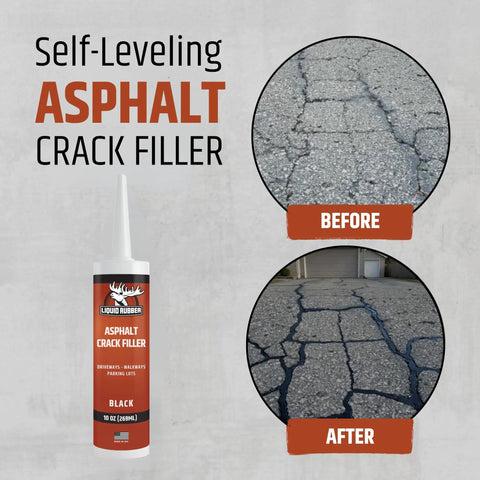 Pro Grade Asphalt Crack Filler Self Leveling Waterproof Sealant For Driveways, Parking Lots And Walkways Black 10oz 2 Pack Stops Water Intrusion And UV Damage With A Flexible Deep Penetrating Formula bottle with before and after images of repaired asphalt cracks