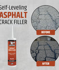 Pro Grade Asphalt Crack Filler For Driveways, Parking Lots And Walkways Self Leveling Waterproof Sealant That Deeply Fills Cracks, Stops Water Intrusion And UV Damage, Black 10 Oz shown with before and after results.