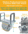 Front and side view of 4 inch V-Groove Sliding Gate Roller Wheels with zinc plating, showing dimensions and capacity details.