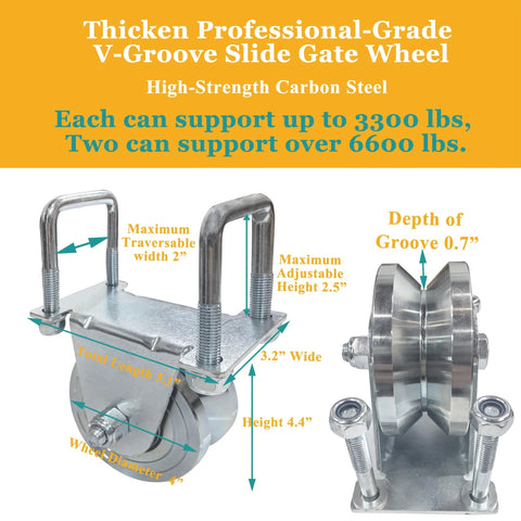 Front and side view of 4 inch V-Groove Sliding Gate Roller Wheels with zinc plating, showing dimensions and capacity details.