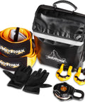 Beefy Off Road Winch Recovery Kit 8 Piece Set With 4x20 Tow Strap 4x8 Tree Saver 33000 Lbs Snatch Block Two Three Quarter Inch D Ring Shackles