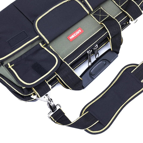 17 Inch Tool Bag For Men With Wide Mouth And Waterproof Molded Base Plastic Padded Handle Adjustable Shoulder Strap Black