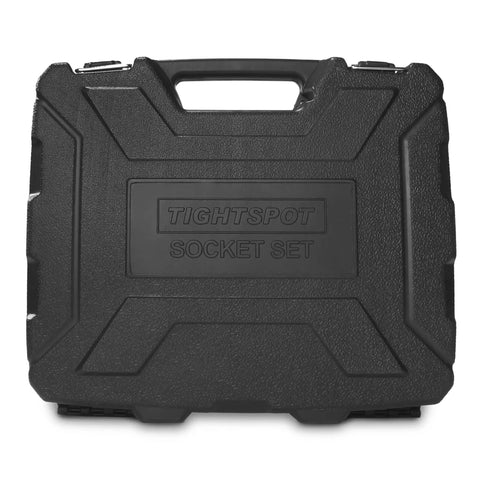 Closed black case for Go-To 53-Piece 1/4 Inch Drive Impact Socket Set With SAE And Metric Sizes, embossed with 'TIGHTSPOT SOCKET SET'.