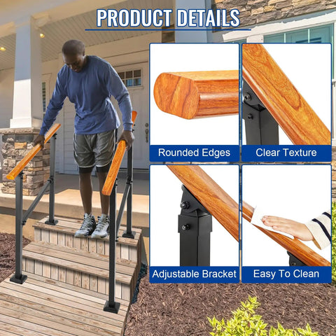 Sturdy Metal Wood Grain Handrail For 3 Step Outdoor Stairs Built Tough For Elderly Grip Help And Fall Prevention Zero Sweat Diy Mounting For Back Porch Upgrade Your Daily Safety Routine, demonstrating rounded edges and adjustable bracket.