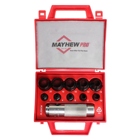 Open red case showing 11 Piece Hollow Punch Set For Leather Cloth Vinyl And Light Sheet Metal Gasket Making With Dual Cutting Heads