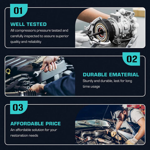 Image showcasing Slick AC Compressor Fits Chevy Malibu Cobalt HHR Cavalier 2.0l 2.2l 2.4l with durability and testing details.