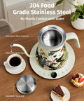 0.8L Gooseneck Electric Kettle With Precise Temperature Control For Pour Over Coffee And Tea, 1200W Fast Boiling, Auto Shut Off, Programmable Schedule, Stainless Steel Dope Floral Painted Design on a wooden table with a coffee cup and dessert.