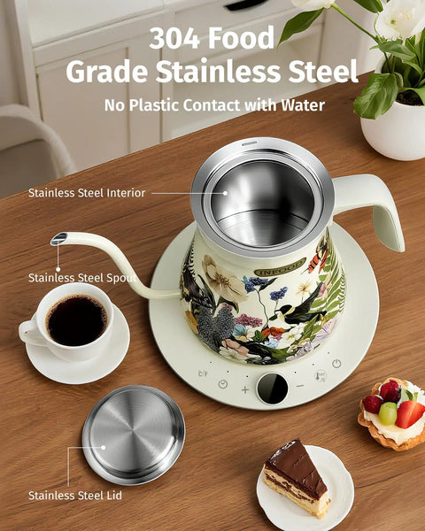 0.8L Gooseneck Electric Kettle With Precise Temperature Control For Pour Over Coffee And Tea, 1200W Fast Boiling, Auto Shut Off, Programmable Schedule, Stainless Steel Dope Floral Painted Design on a wooden table with a coffee cup and dessert.