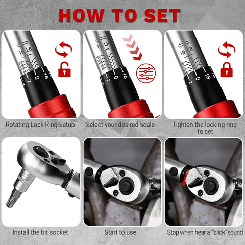 Pro Grade 26 Piece Bike Torque Wrench Set With One Quarter Inch Drive For Mountain Bikes, 20 To 200 InLb Range, 2.3 To 22.2 Nm, 72 Tooth Dual Direction Adjustable, Includes Bits Sockets Extension Bar And Universal Joint. Bike torque wrench setup steps with ratchet and bit socket