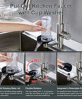 DEOLER Kitchen Faucets with Glass Rinser Single Handle High Arc Kitchen Sink Faucet with Pull Out Sprayer, 1 or 3 Hole, 360° Swivel, Brushed Nickel in use with glass rinser.