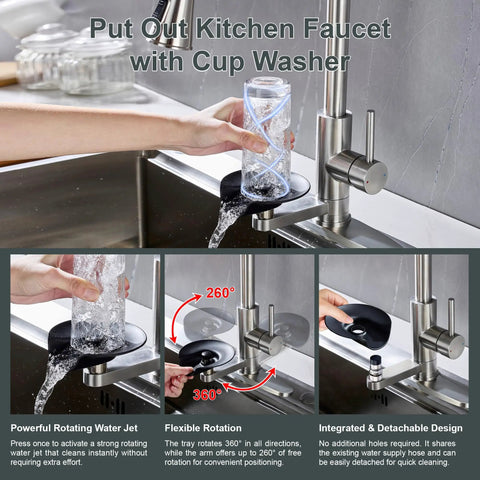 DEOLER Kitchen Faucets with Glass Rinser Single Handle High Arc Kitchen Sink Faucet with Pull Out Sprayer, 1 or 3 Hole, 360° Swivel, Brushed Nickel in use with glass rinser.