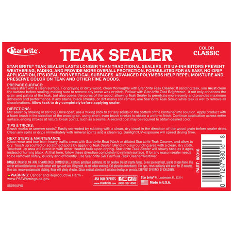 Teak Sealer No Drip No Splash One Coat Finish For Outdoor Furniture And Boats label and instructions, 16 oz Classic Teak