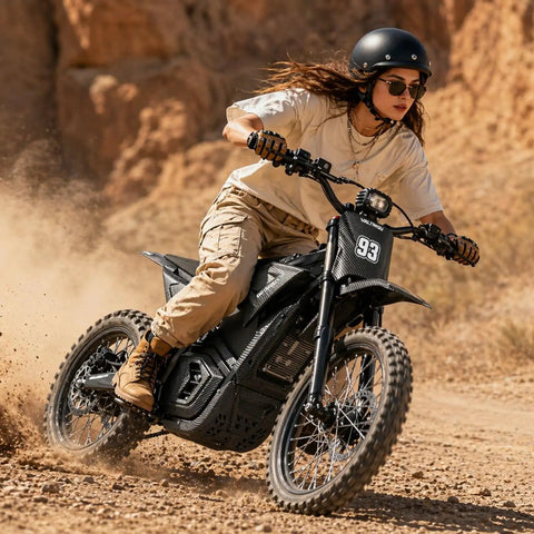 Electric Dirt Bike With Lights And Display For Off Road Adventures, 3840W Power, rider on dirt road terrain