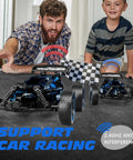 Father and son playing with Durable And Rugged 1:18 Scale 2WD RC Car For Kids with LED Lights, USB C Charging, 2.4GHz remote control