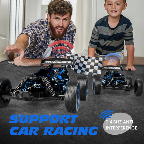 Father and son playing with Durable And Rugged 1:18 Scale 2WD RC Car For Kids with LED Lights, USB C Charging, 2.4GHz remote control