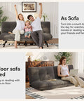 Convertible Futon Sofa Bed In Grey Linen With Detachable Cushions, adjustable as sofa or floor bed in living room setting.