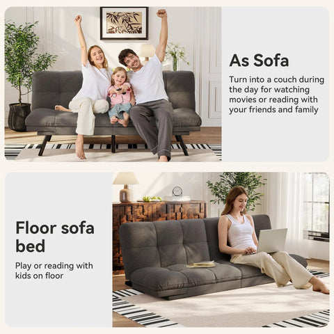 Convertible Futon Sofa Bed In Grey Linen With Detachable Cushions, adjustable as sofa or floor bed in living room setting.