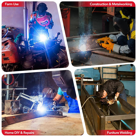 Collage of 200A Portable Stick Welder With IGBT Inverter Hot Start 110V used in farm, construction, DIY, and furniture welding.