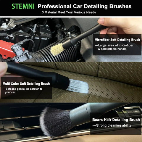 Microfiber soft brush cleaning car engine, multi-color brush on car seat, boars hair brush detailing interior