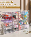 Clear Acrylic Desk Organizer With 20 Drawers In 4 Set Storage System For Office Supplies Makeup And Craft Storage Transparent Cosmetic Organizer Easy Access Desktop Drawer Box filled with cosmetics