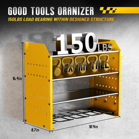 Front view of Tool Organizer Wall Mount With Charging Station, 4 Tier Garage Storage Rack With Cordless Drill Holders And Side Hooks.