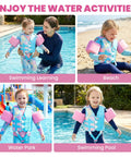 Children enjoying pool and beach with Three In One Kids Swim Vest With Detachable Arm Bands For Ages Two To Eight, Full Upper Torso Zip Front.