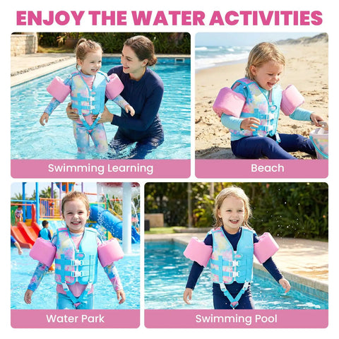 Children enjoying pool and beach with Three In One Kids Swim Vest With Detachable Arm Bands For Ages Two To Eight, Full Upper Torso Zip Front.
