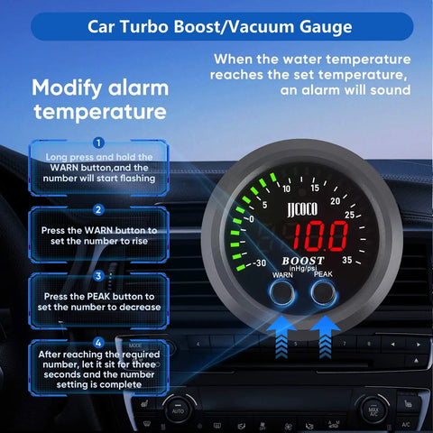 Dope Universal Turbo Boost And Vacuum Gauge Kit With Red LED Display 2 1 16th Inch Gauge Reads 0-35 PSI Boost And -30 To 0 InHg Vacuum Plug-and-Play For Turbocharged And Supercharged Cars, car dash view