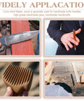 Collage showcasing uses for Curly Maple Knife Handle Material Set for DIY Projects; knife sharpening, pen crafting, wooden comb, woodworking.