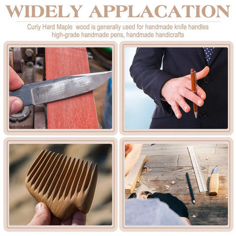Collage showcasing uses for Curly Maple Knife Handle Material Set for DIY Projects; knife sharpening, pen crafting, wooden comb, woodworking.