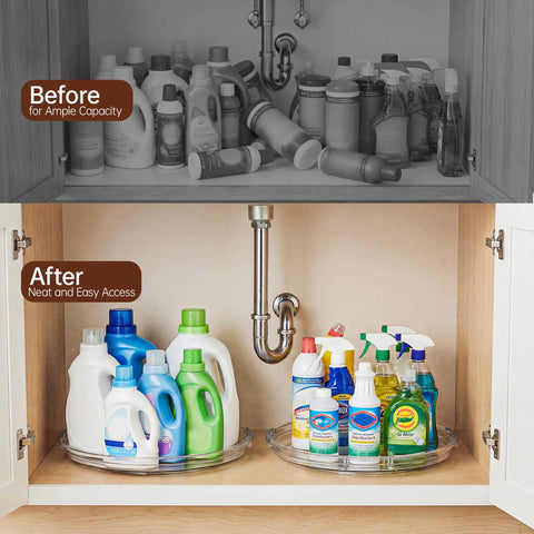 Smooth Operator 12 in Lazy Susan Turntable 4 Pack Crystal Clear BPA Free Plastic Pantry Cabinet Organizer for Spice Rack 360 Spin used to organize cleaning supplies neatly
