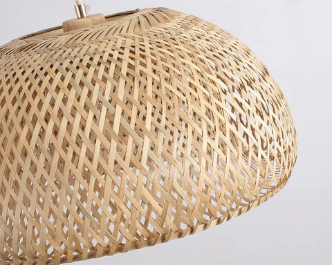 Close-up of Roomy Bamboo Plug In Pendant Light With Dimmable Switch And 14 Foot Handmade Woven Cord showcasing woven bamboo design.