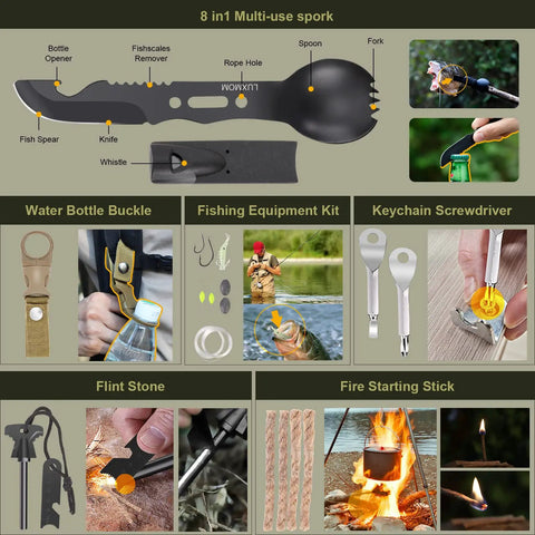 Go-To 29 In 1 Emergency Survival Kit with Multi-use Spork, Water Bottle Buckle, and Fire Starting Stick for Camping and Outdoor Prep