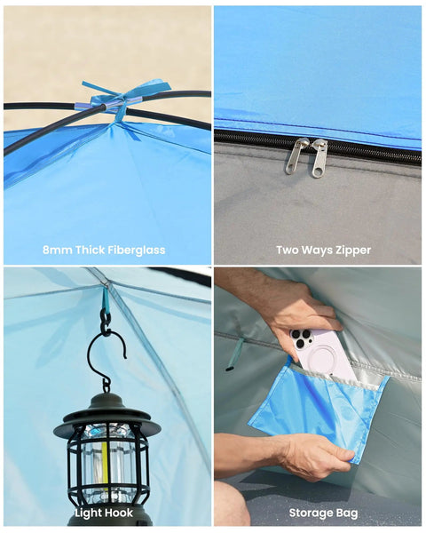Spacious Beach Tent For Three To Four People With No Fuss Setup Sun Shade Canopy showing fiberglass frame, zipper, hook, and storage bag