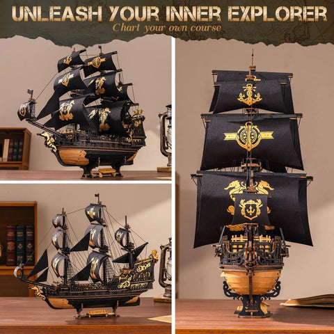 Epic 3D Seahorse Barque Wooden Puzzle Kit For Adults And Teens, Realistic 1 To 100 Scale Ship Model Craft, Durable Wood Pieces, Long And Challenging Build, A Standout Gift For Sea Lovers And Puzzle Fans; black sailing ship display model
