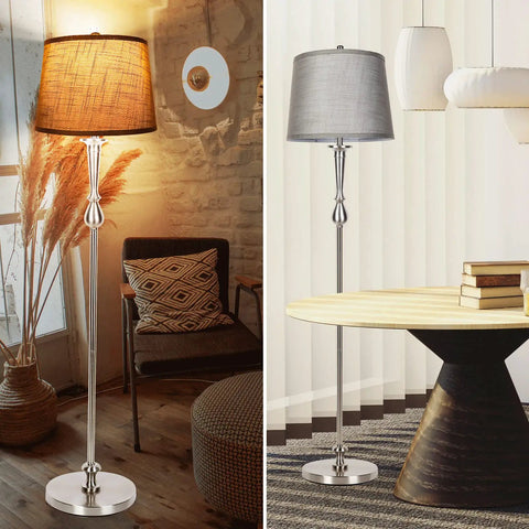 Tall Floor Lamp With Grey Linen Shade And Nickel Finish 3 Color Temperature LED Standing Lamp 2700K 4000K 5000K 810 Lumens Foot Switch Modern Reading Lamp For Living Room And Bedroom in a cozy living space.