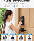 Child using Top Shelf Matte Black Wifi Smart Lock With Fingerprint Keyless Entry And Lever Handles on wooden door.