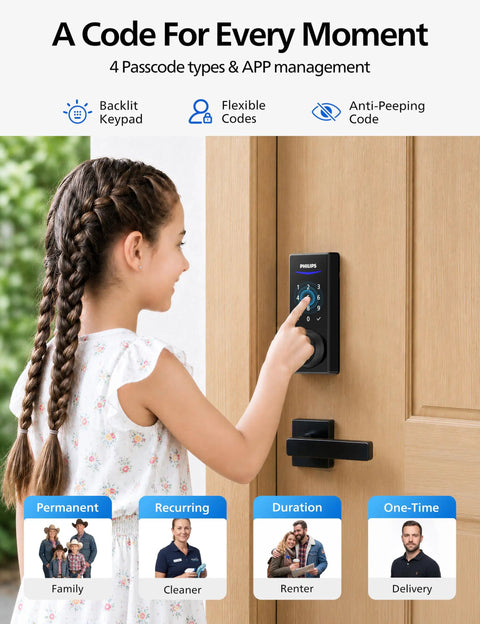 Child using Top Shelf Matte Black Wifi Smart Lock With Fingerprint Keyless Entry And Lever Handles on wooden door.