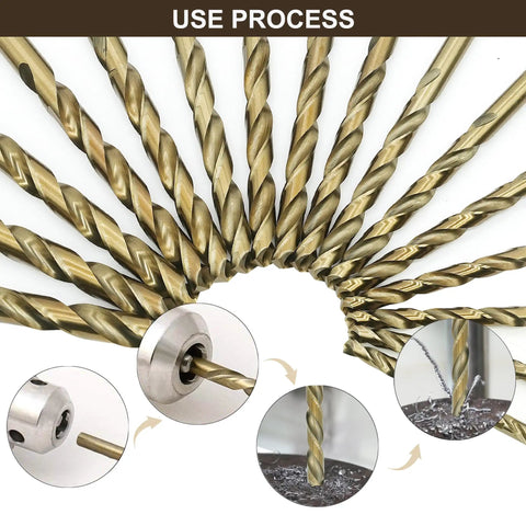 Cobalt Drill Bit Set 29 Piece M35 High Speed Steel Jobber Bits Built For Heavy Duty Hardened Metal Stainless Steel Wood Cast Iron Plastic With Indexed Rose Case From 1/16 Inch To 1/2 Inch arranged in a fan shape with usage steps.