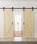 Unfinished 30x84 Inch Double Barn Door With 10ft Sliding Hardware Kit Included, Solid Spruce Wood Installed in Modern Home Interior
