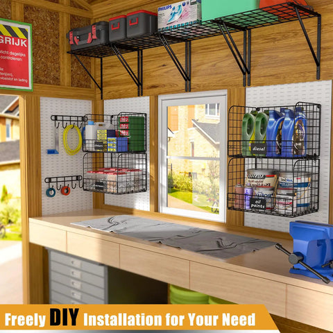 Two Pack Wall Mounted Garage Shelves With Wire Baskets And Hooks Heavy Duty Tool Organizer for home storage above workbench